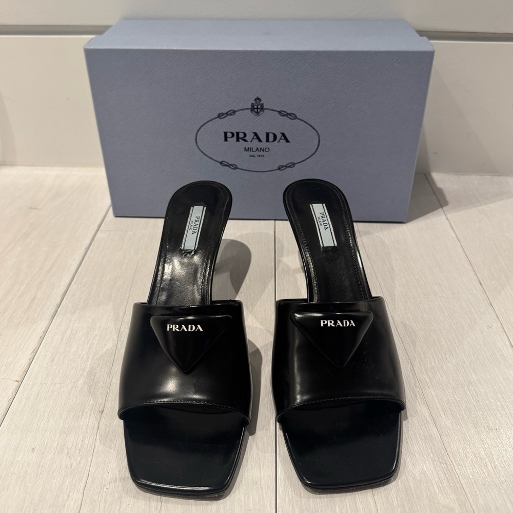 Black Leather Prada Mules with Prada Logo